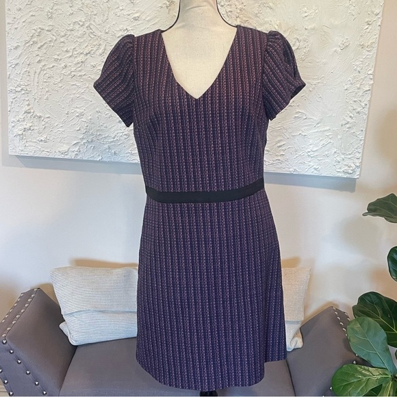 Loft V Neck Short Puffed Sleeve Tweed Career Dress Pink Purple Blue Sz 10 NWT - Picture 2 of 9